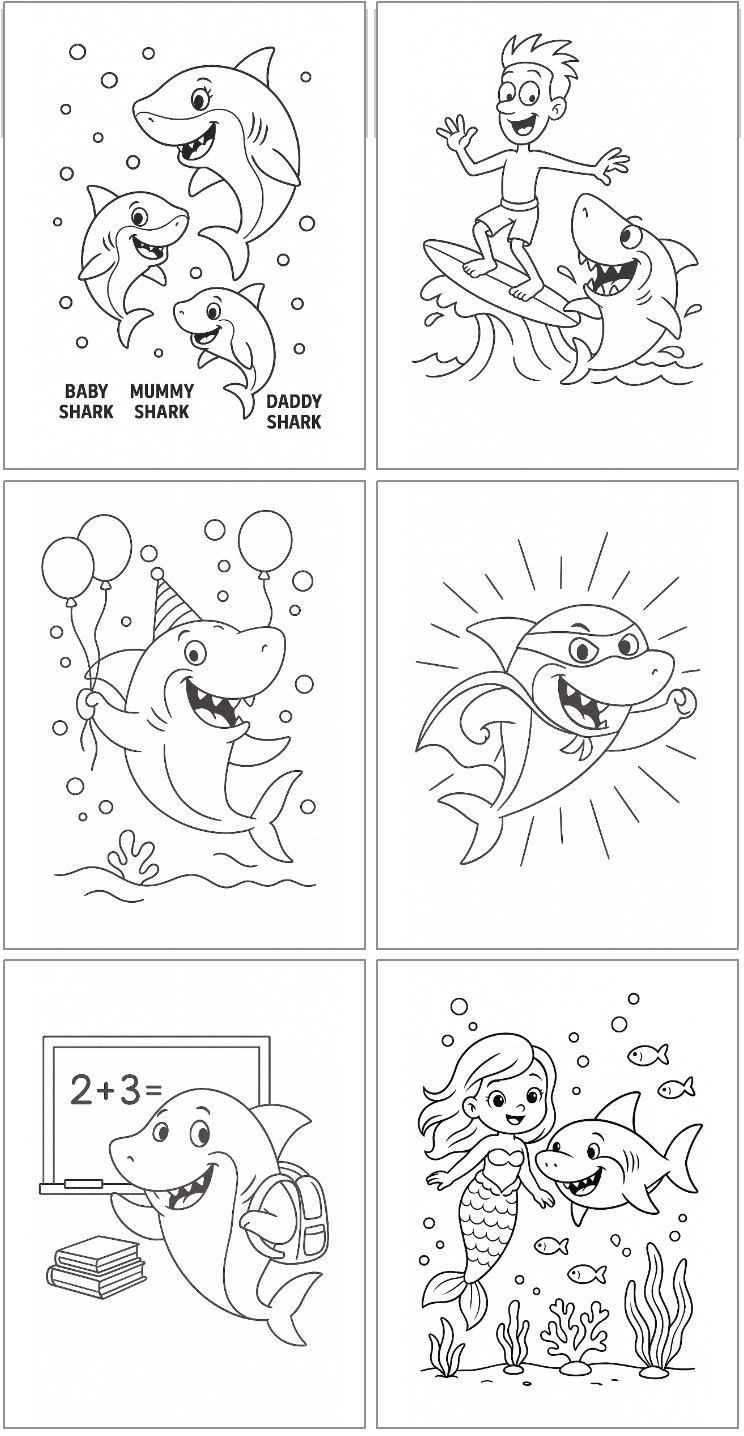 Six free printable shark coloring pages including a superhero shark , a school shark, and a mermaid with a shark.