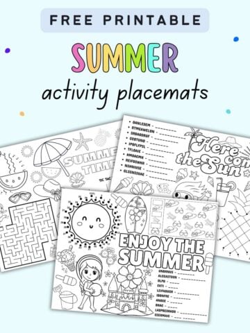 A collection of summer-themed coloring sheets and activity placemats featuring games like tic-tac-toe, word searches, and illustrations of sun and beach items, designed as free printables for summer activities.