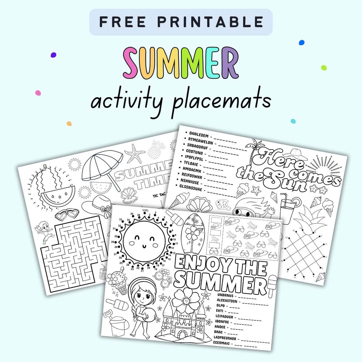 A collection of summer-themed coloring sheets and activity placemats featuring games like tic-tac-toe, word searches, and illustrations of sun and beach items, designed as free printables for summer activities.