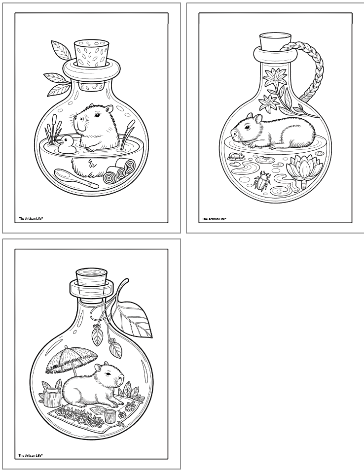 three black and white coloring pages featuring capybaras depicted inside jars, surrounded by various natural elements like leaves, water, and flowers, ideal for free printable capybara coloring activities.
