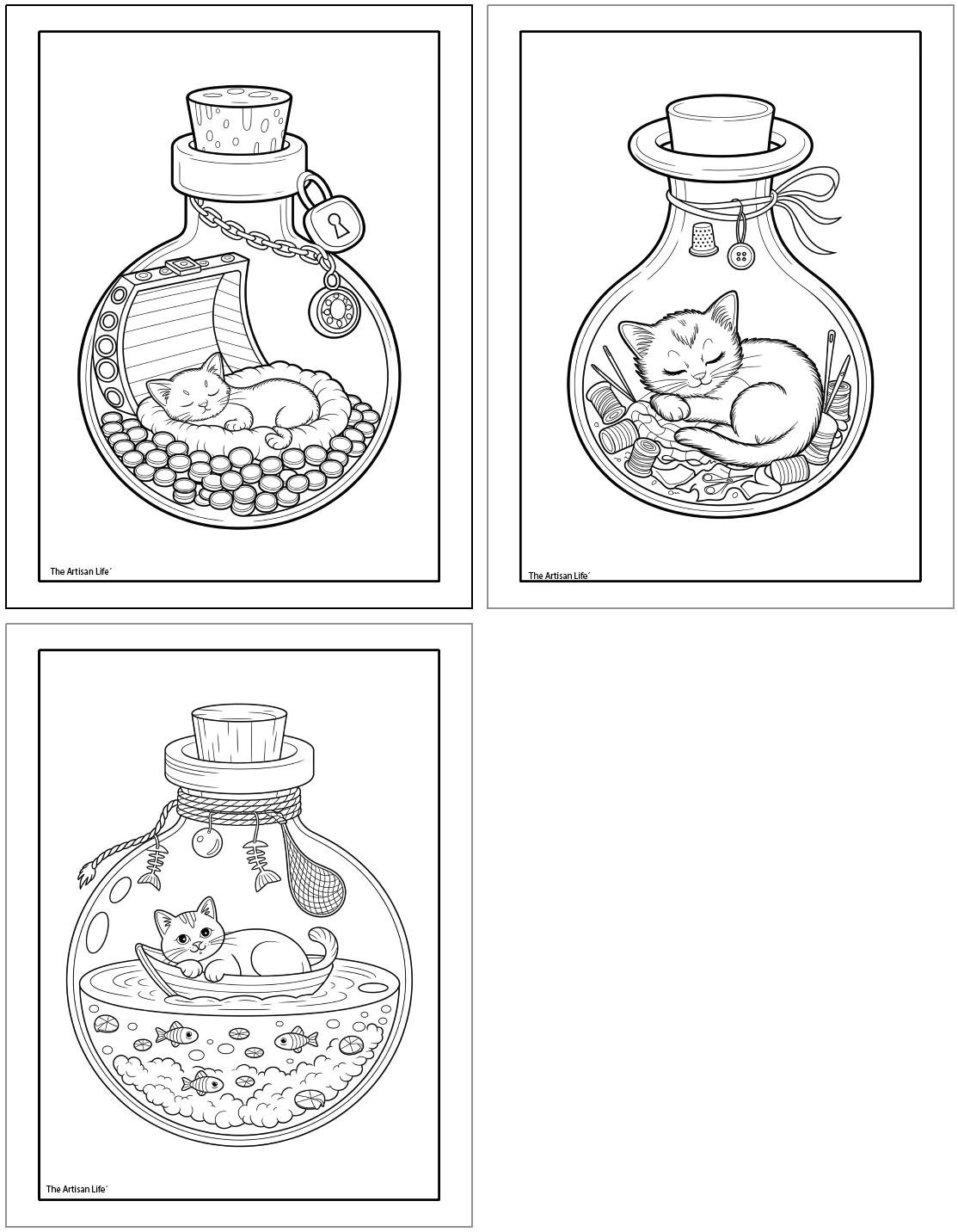 Three black-and-white coloring pages featuring cats depicted inside jars, each with different backgrounds and elements, including a sleeping cat, a cat amidst various objects, and a cat in a boat surrounded by fish, suitable for animal in a jar coloring pages, cat coloring pages, and cute coloring pages.
