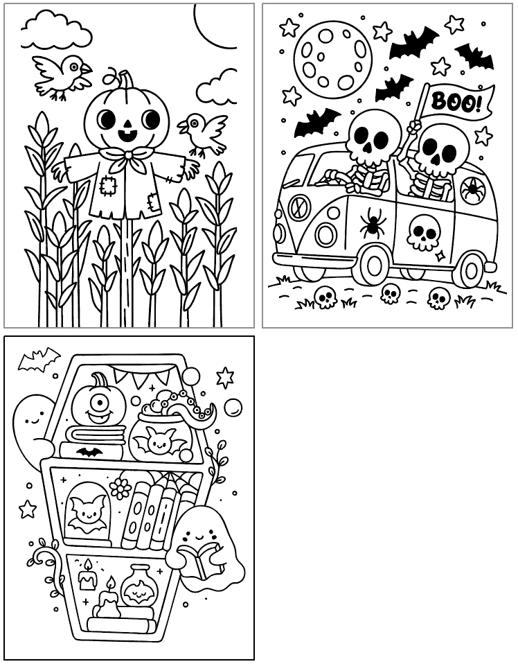 A collection of three Halloween coloring pages features a scarecrow with birds in a cornfield, two skeletons in a decorated van, and a cozy coffin containing various Halloween-themed items, ideal for free printable Halloween coloring pages.
