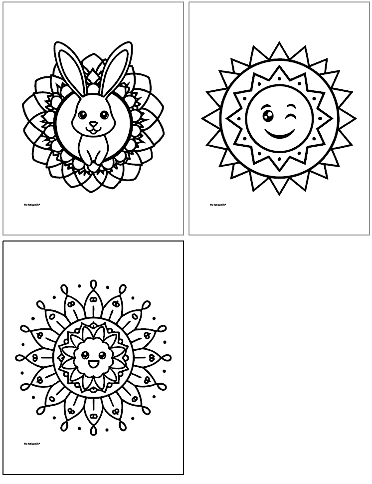 Three black-and-white mandala coloring pages featuring a rabbit, a smiling sun, and a floral design, suitable for toddlers and kids, showcasing easy and bold coloring options.
