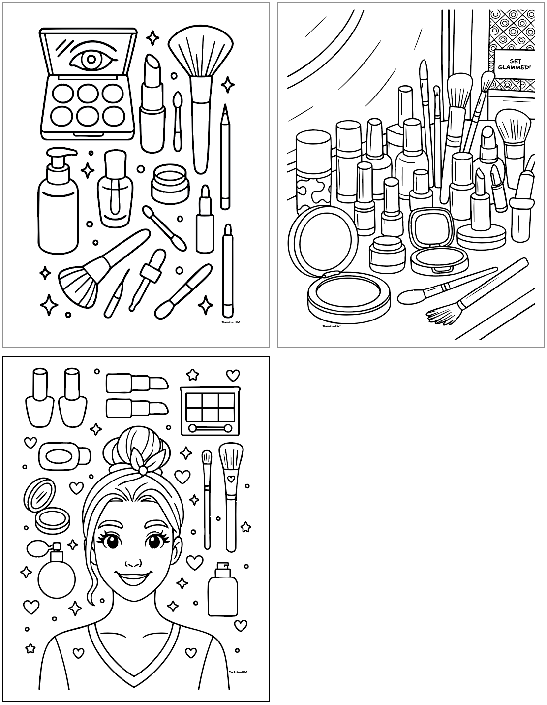 Three black and white coloring pages feature various makeup items, including lipstick, brushes, and skincare products, designed for coloring, suitable for makeup coloring pages and skincare coloring pages free printables.
