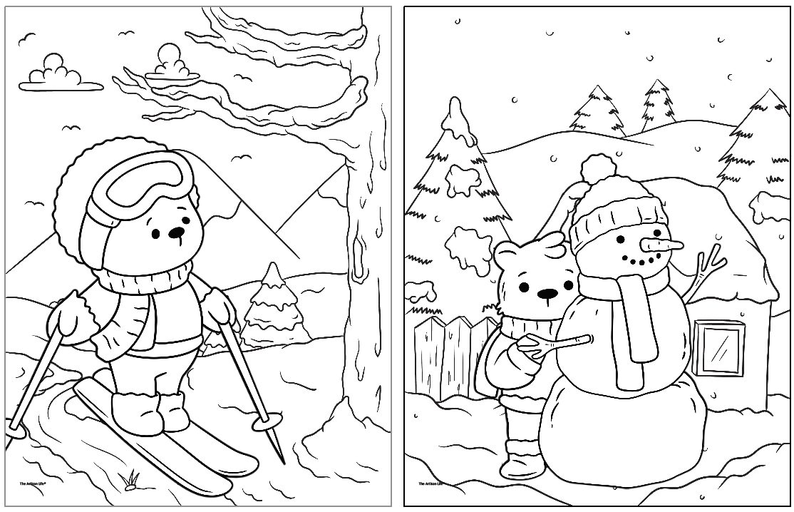 A bold and easy Christmas coloring page featuring a skiing bear on the left and a snowman with a bear on the right, surrounded by a cozy winter landscape.
