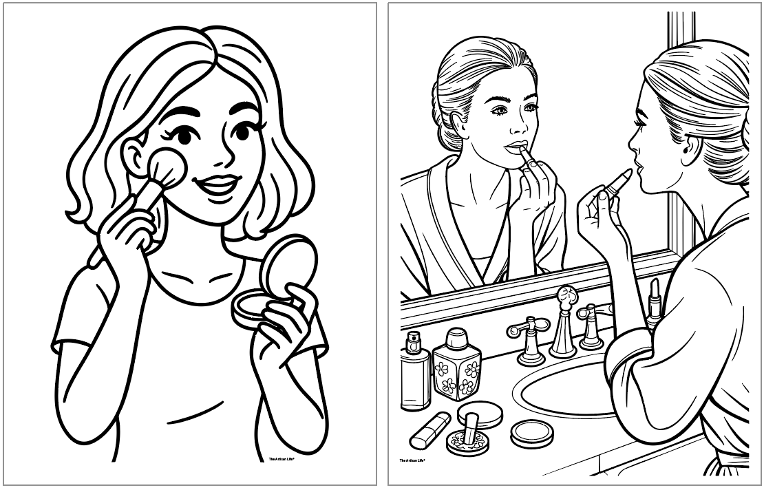 A black and white illustration featuring two women: one applying blush with a makeup brush and the other applying lipstick in front of a mirror, serving as a coloring page focused on makeup and skincare themes.
