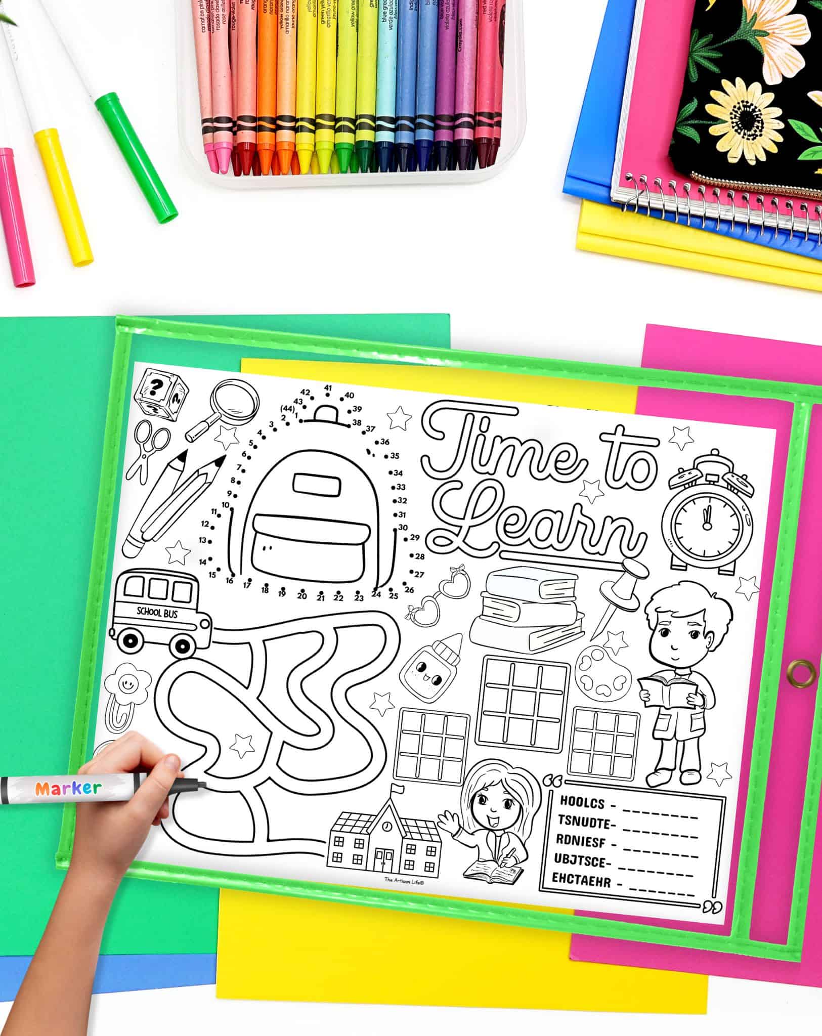 A back to school themed activity placemat in a dry erase pocket