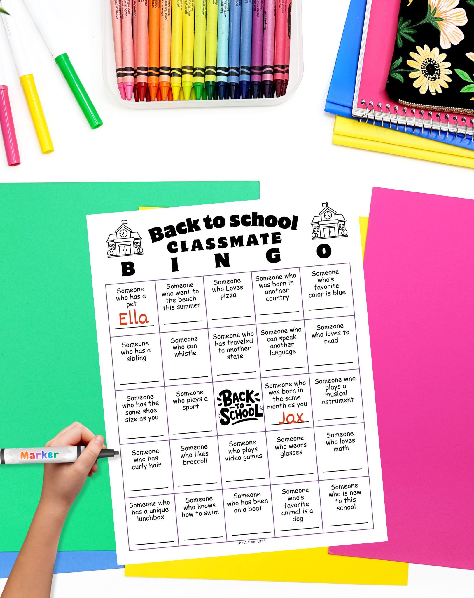 A partially completed back to school classmate bingo card