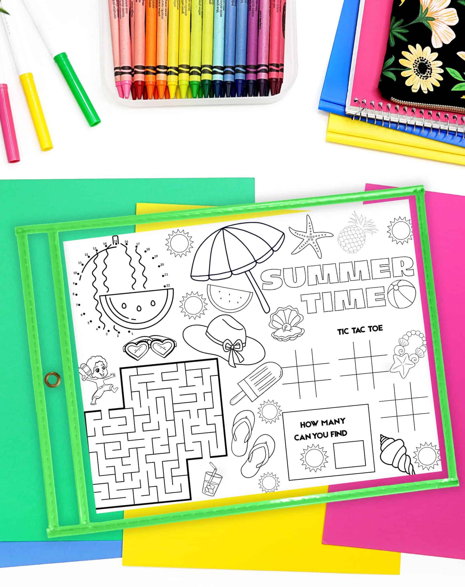 a free printable summer activity placemat in a dry erase pocket