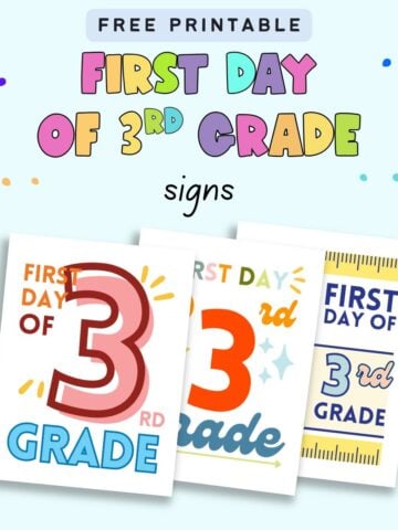 text "Free printable first day of 3rd grade signs" with a preview of three signs