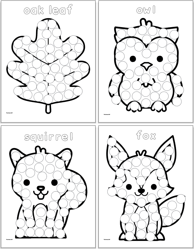 Four black and white printable worksheets featuring outlined designs of an oak leaf, owl, squirrel, and fox, intended for fall dot marker activities and dot painting.
