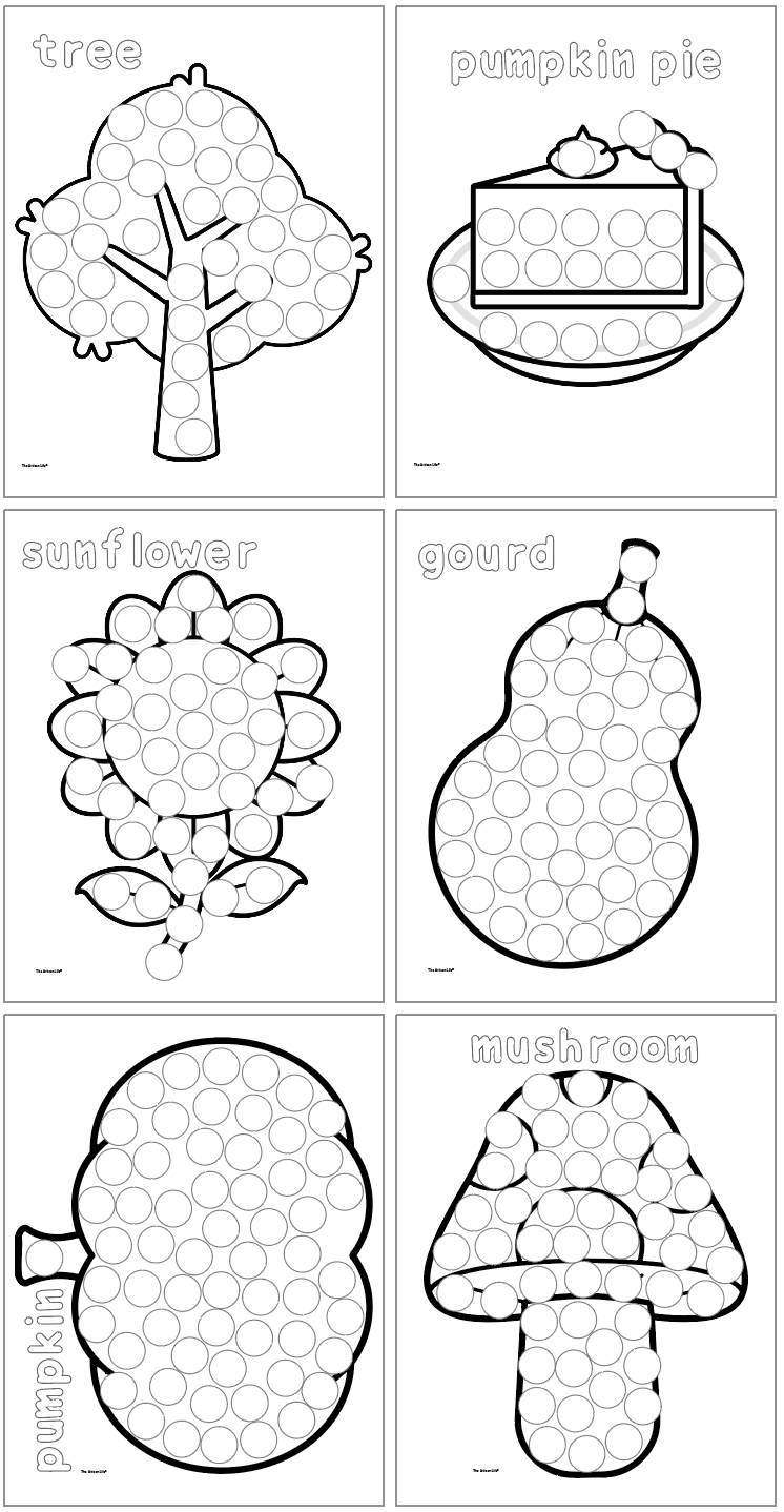 A collection of fall-themed dot marker printables featuring outlines of a tree, pumpkin pie, sunflower, gourd, pumpkin, and mushroom, designed for preschool activities.
