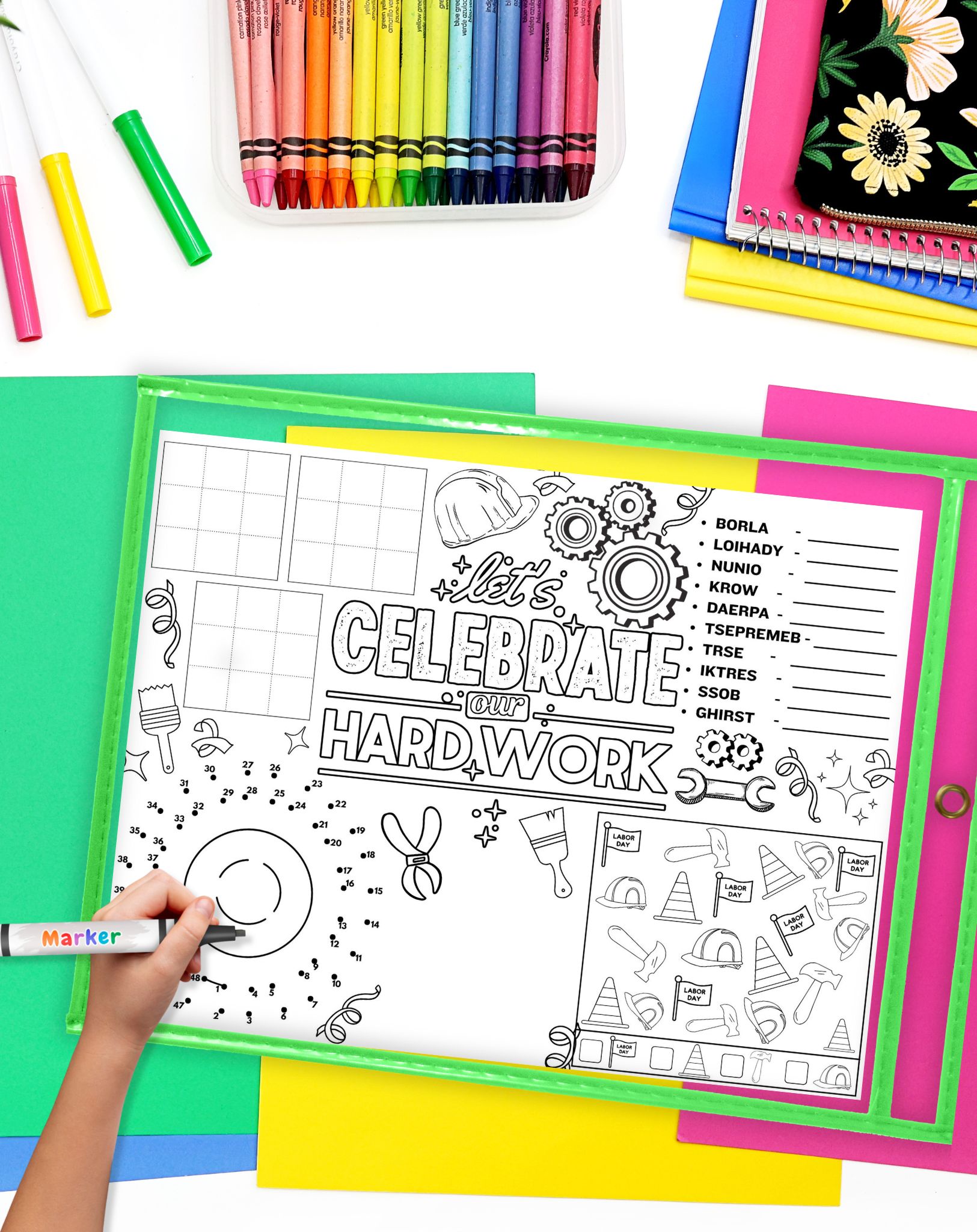 a Labor Day activity placemat in a dry erase pocket