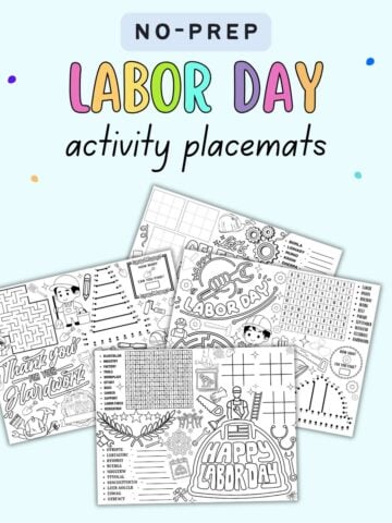 text "no prep Labor Day activity placemats" with a preview of four activity placemats
