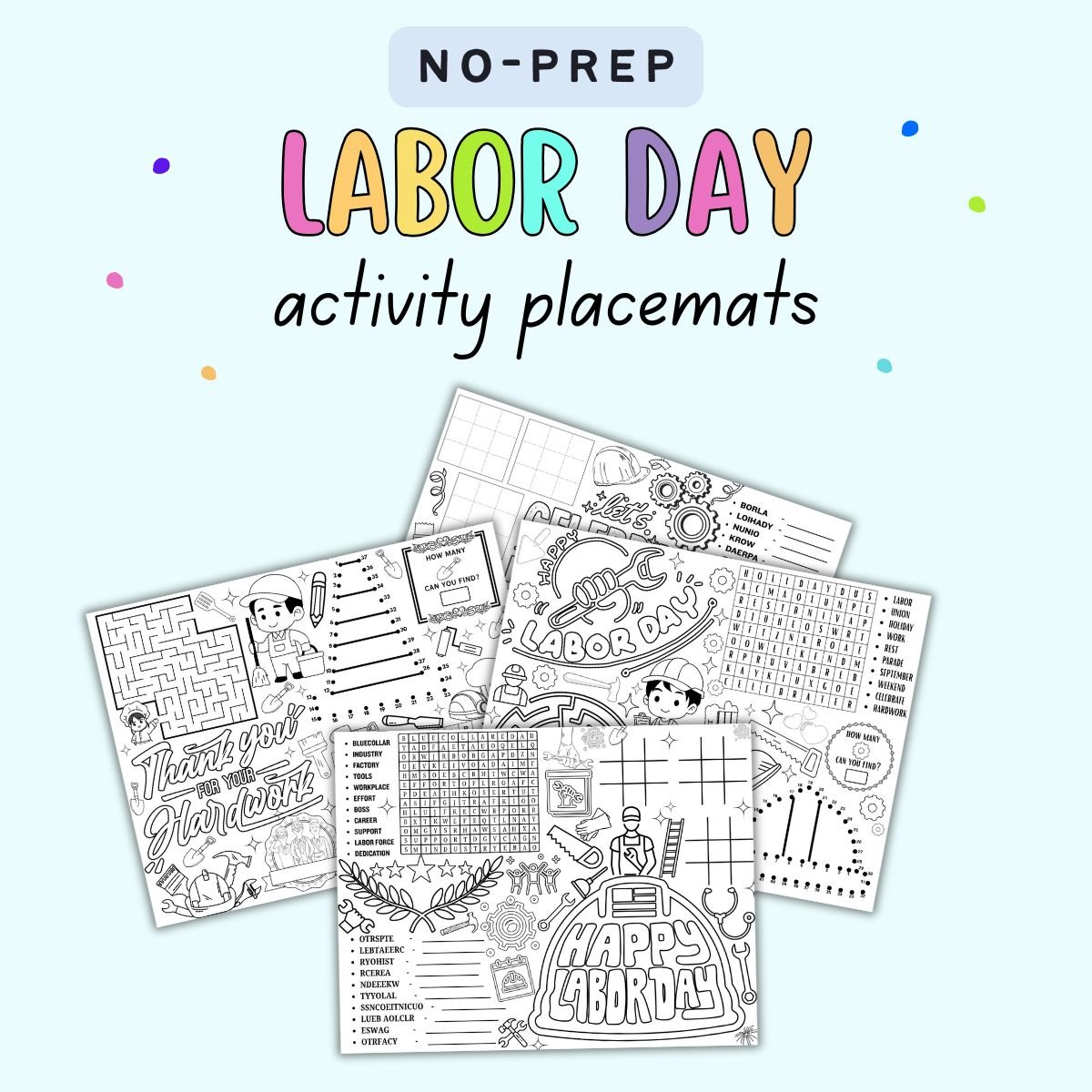 text "no prep Labor Day activity placemats" with a preview of four activity placemats