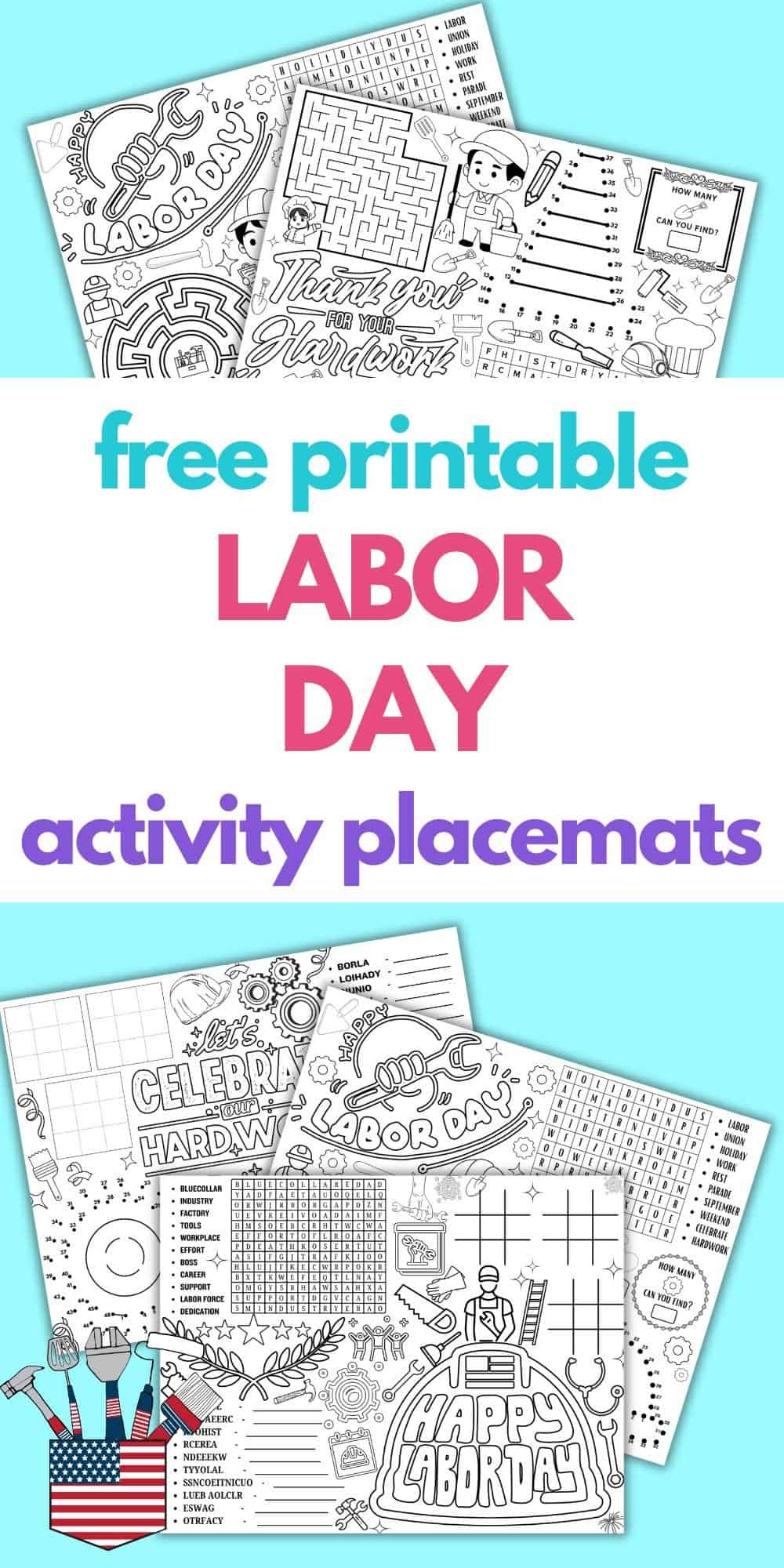 txt "free printable Labor Day activity placemats" with preview of placemats for kids
