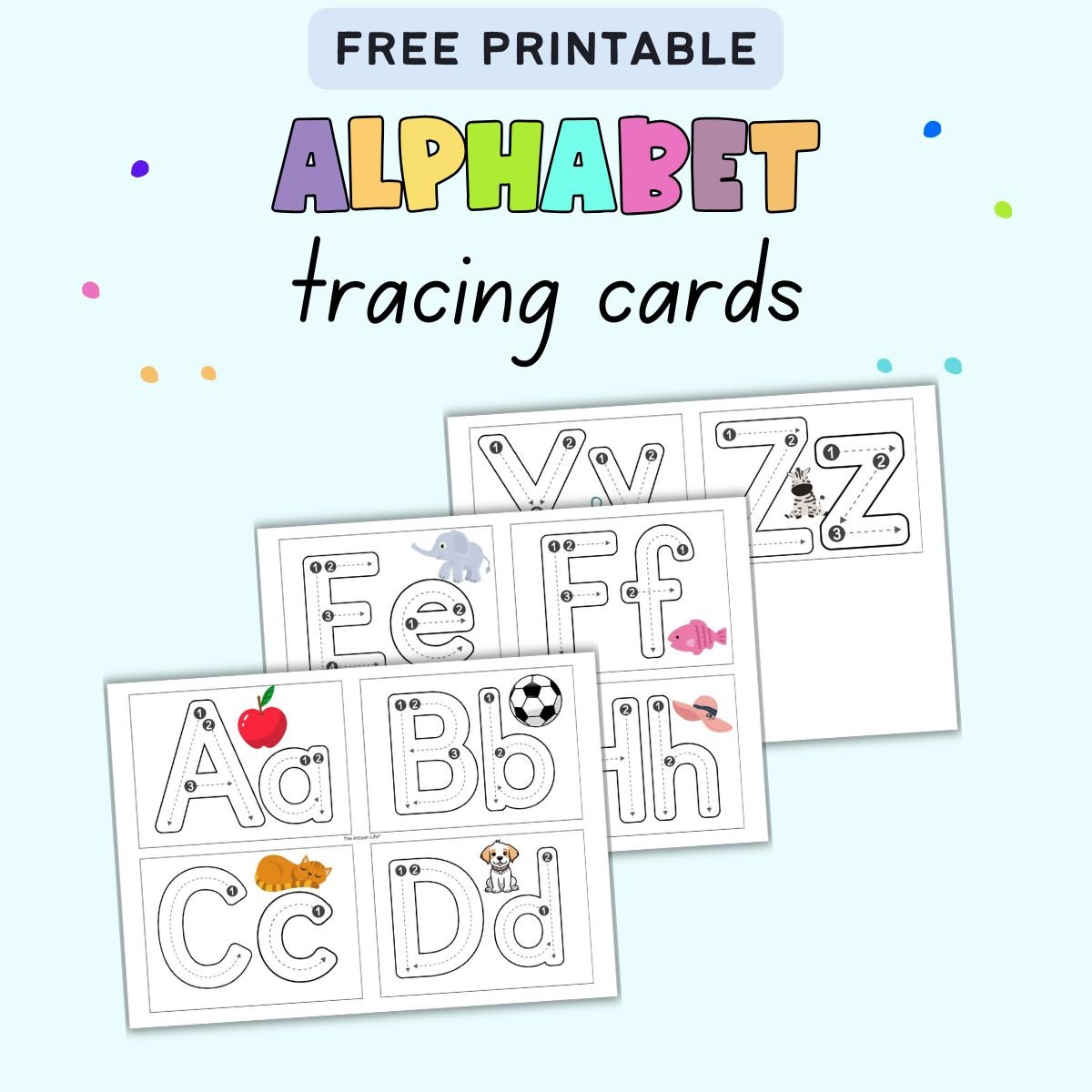 A collection of printable alphabet tracing cards featuring letters A to Z, each accompanied by images for handwriting practice and letter formation instructions.
