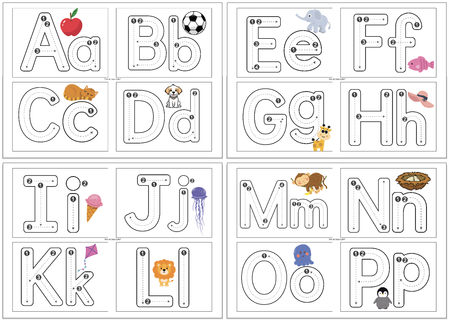 A set of printable alphabet tracing cards featuring uppercase and lowercase letters A to P, each accompanied by illustrations and numbered letter formation instructions for handwriting practice.
