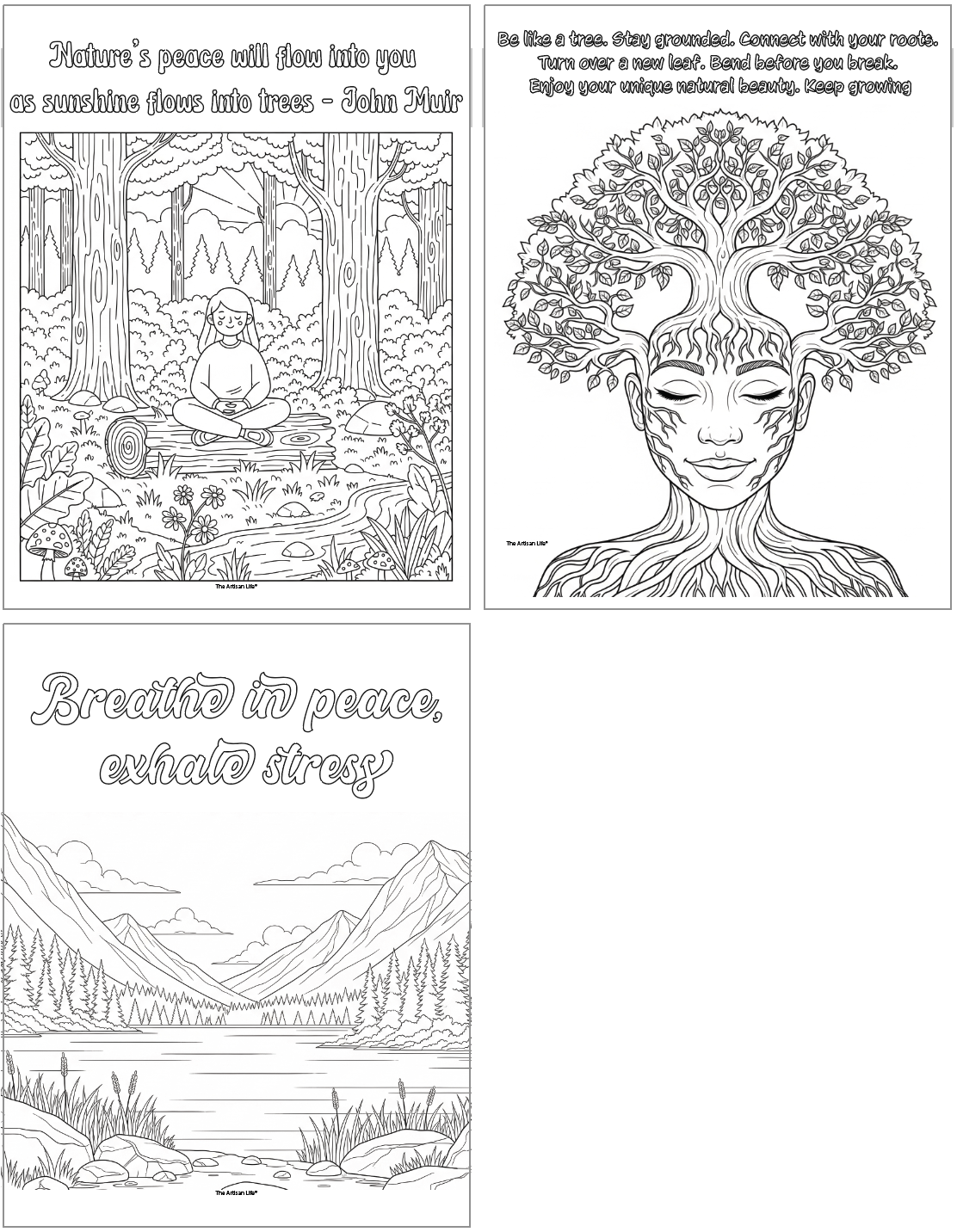 Three black-and-white coloring pages featuring motivational quotes and serene nature scenes, designed for adults to promote relaxation and mindfulness through positive affirmation coloring activities, including themes like nature, peace, and personal growth.
