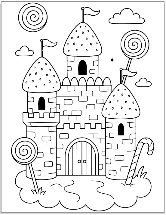 A black and white illustration of a candy castle with two turrets, surrounded by lollipops and clouds, designed as a coloring page.
