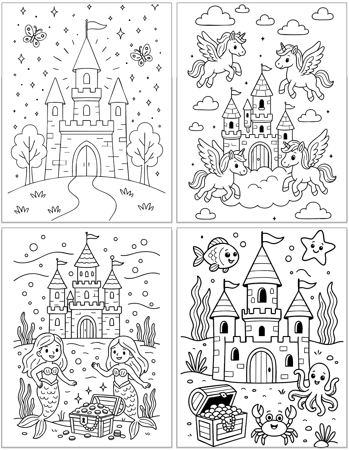 A collection of four outlined coloring pages featuring various castle designs, including a fairy tale castle with unicorns, an underwater castle with mermaids, and additional whimsical elements, ideal for children’s coloring activities.
