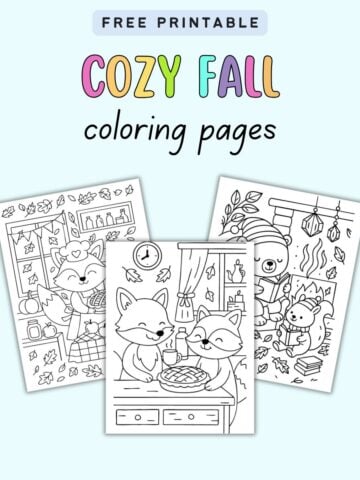 Free printable cozy fall coloring pages featuring whimsical illustrations of animals enjoying autumn activities, suitable for easy coloring.