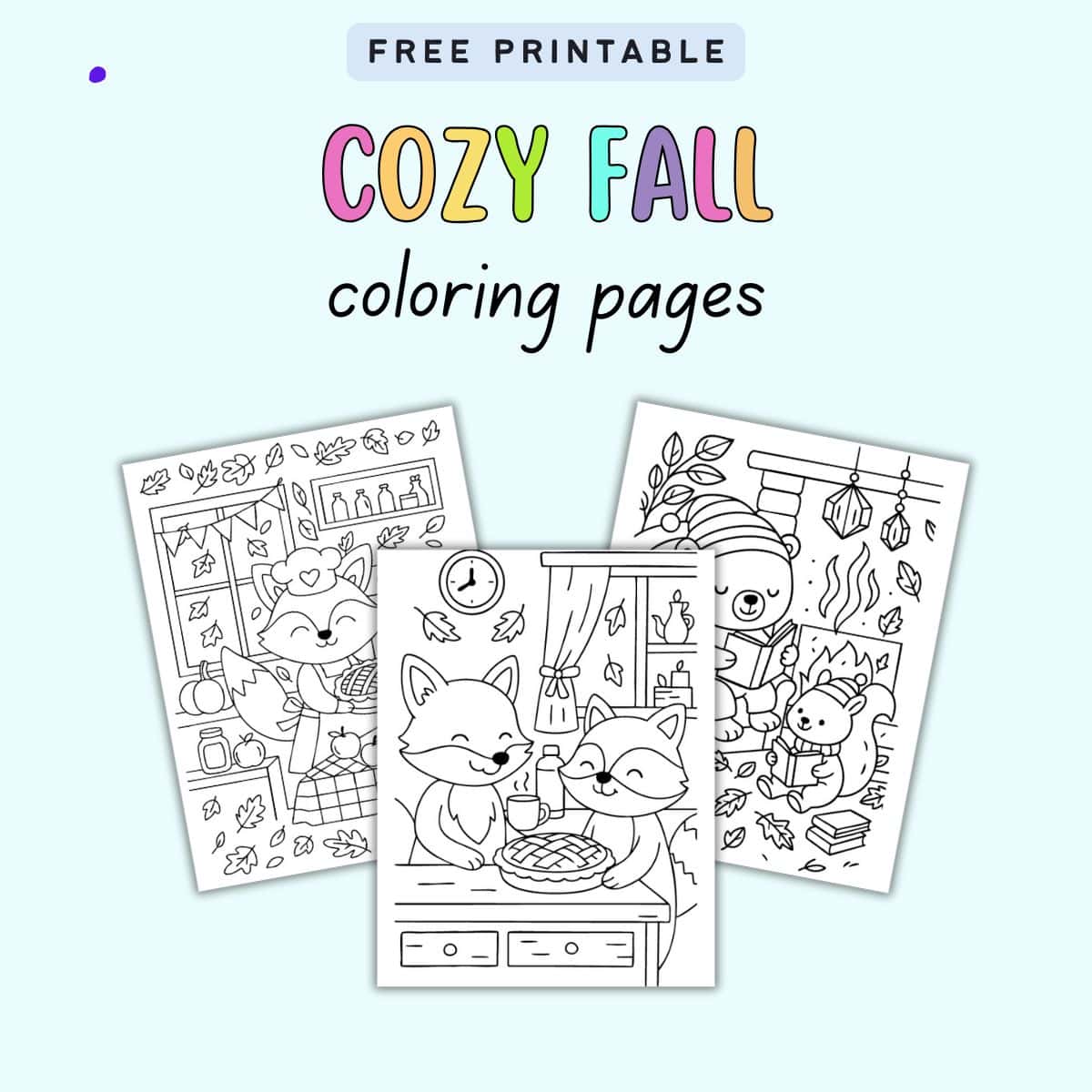 Free printable cozy fall coloring pages featuring whimsical illustrations of animals enjoying autumn activities, suitable for easy coloring.

