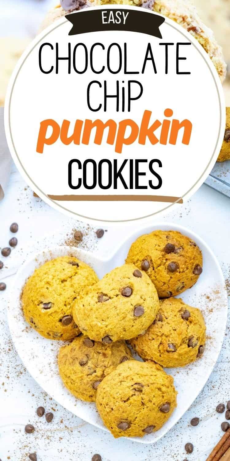 A plate of soft chocolate chip pumpkin cookies is displayed, surrounded by chocolate chips and dusted with cinnamon, highlighting an easy pumpkin cookies recipe.
