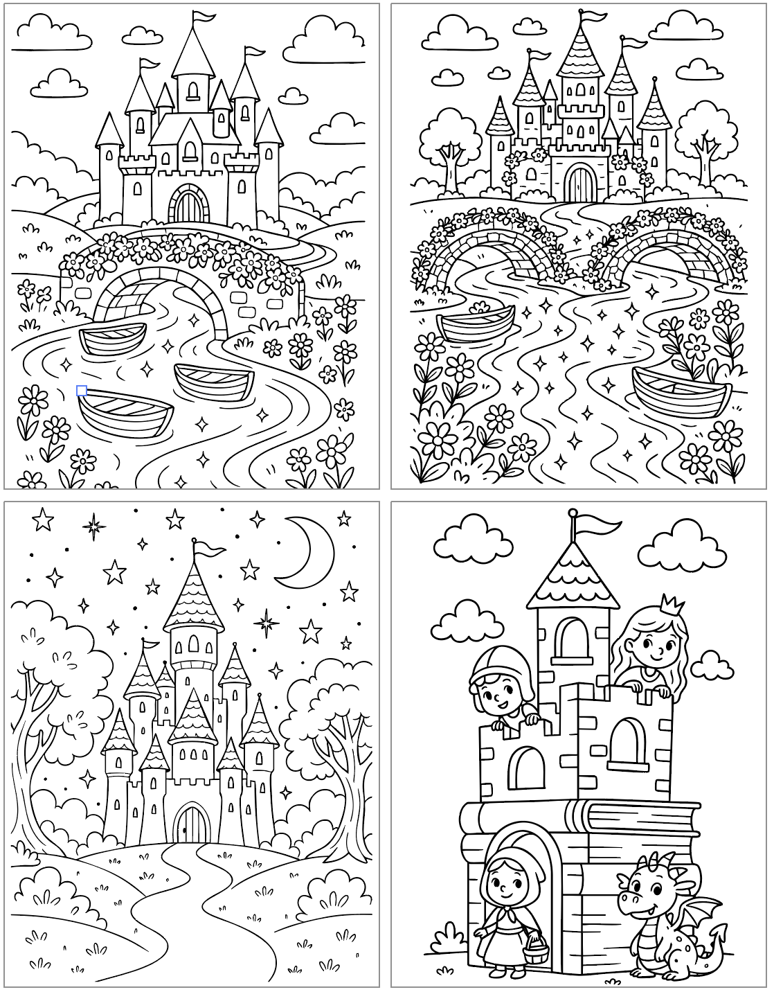 A collection of four black-and-white coloring pages featuring various castle designs, including a candy castle, a fairy tale castle with a dragon, and whimsical landscapes with trees and boats.
