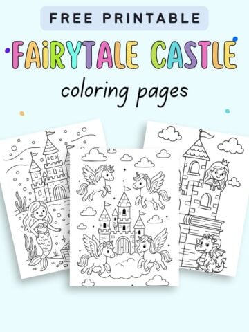 text "fairytale castle coloring pages" with a preview of three castle coloring pages