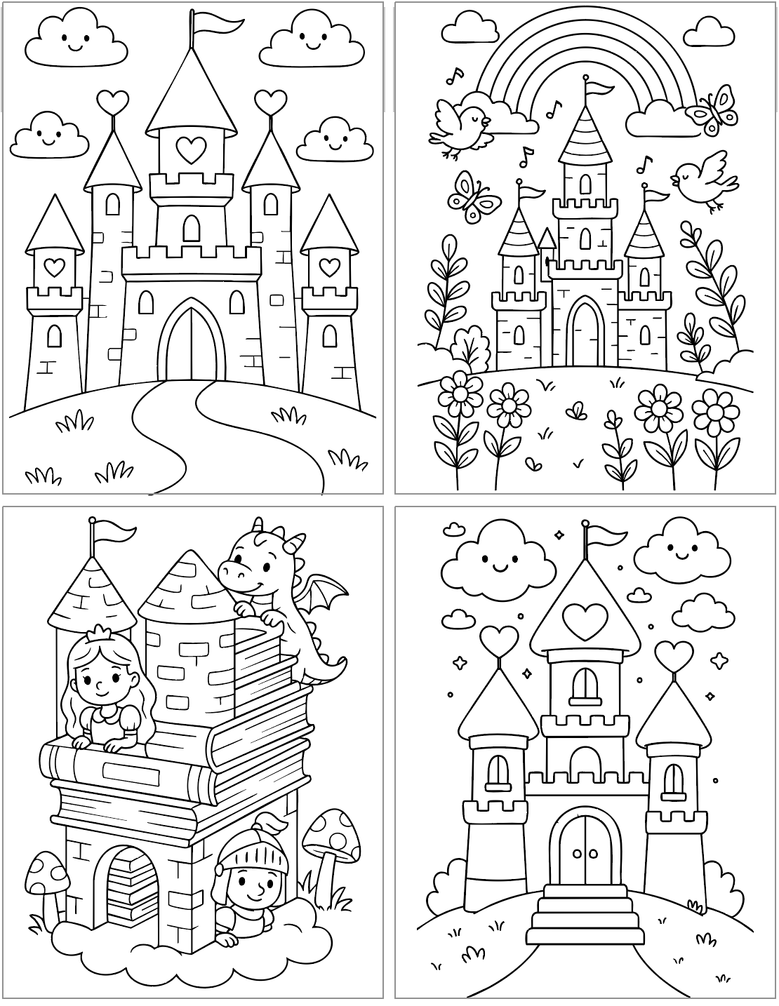 A collection of four black and white coloring pages featuring various castle designs, including a candy castle, a fairy tale castle with a rainbow and flowers, a scene with a girl and a dragon, and a simple pink castle, ideal for bold and easy coloring, and unicorn coloring pages.
