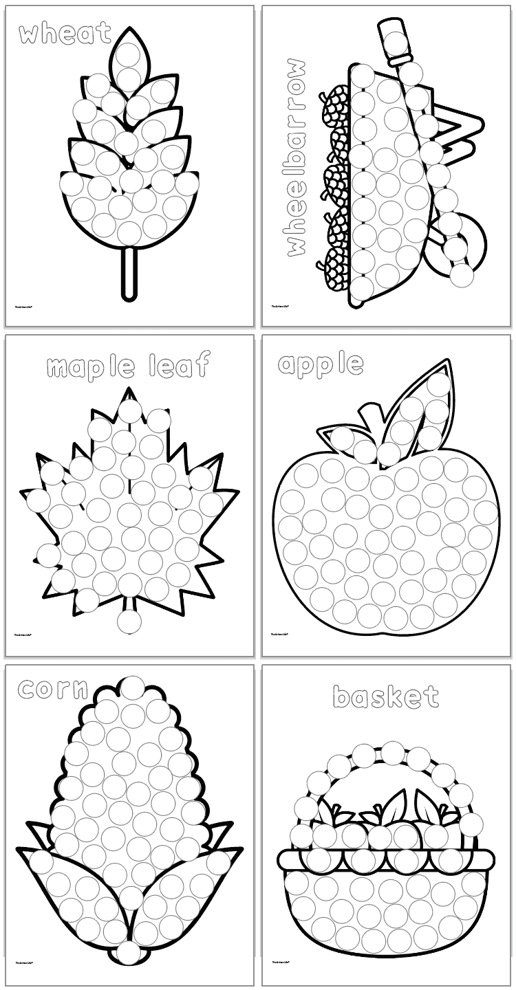 A set of six fall-themed dot marker printables featuring outlines of a wheat stalk, wheelbarrow, maple leaf, apple, corn, and basket, designed for preschool activities.
