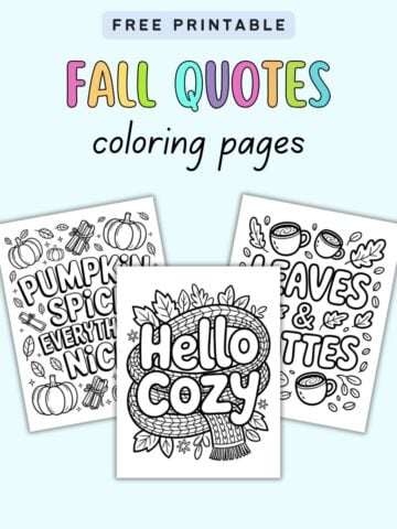 text "free printable fall quotes coloring pages" with a preview of three fall coloring sheets