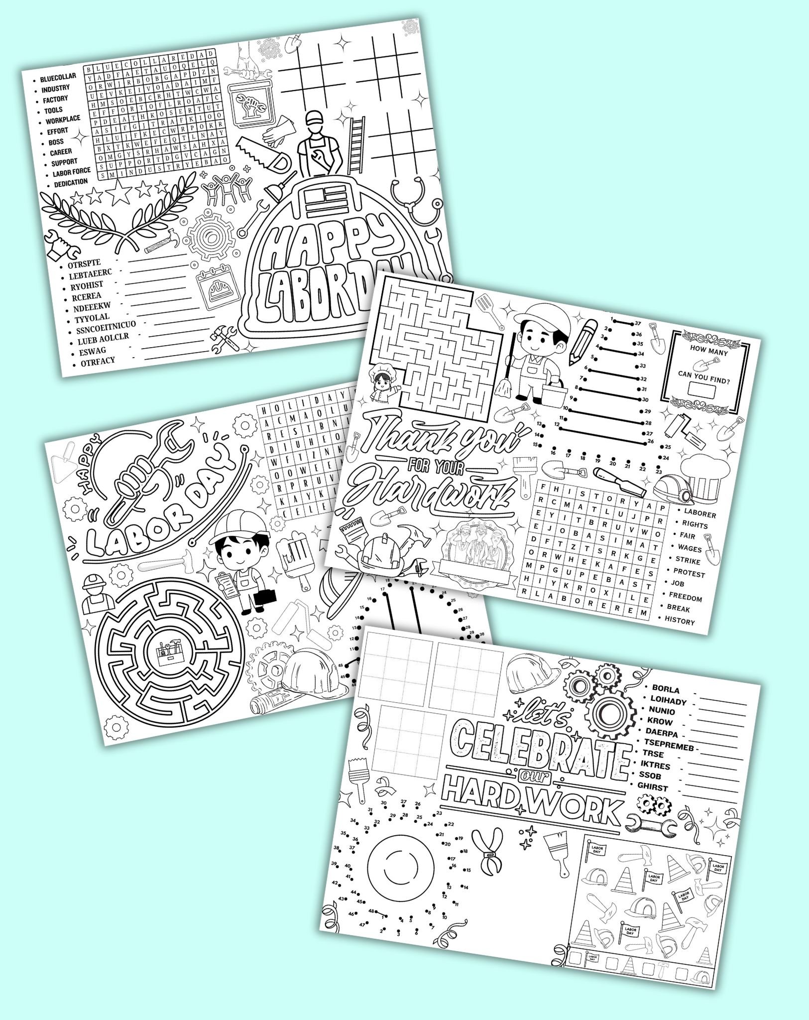 four Labor Day themed activity placemats for ids