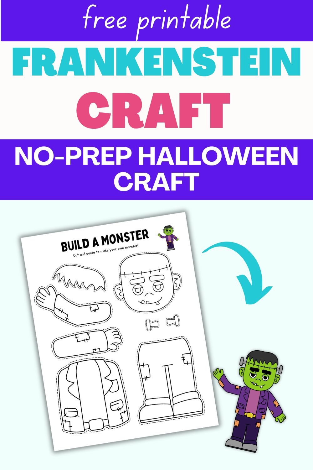 A printable Halloween craft template for kids featuring cut-and-paste components to build a Frankenstein monster, suitable for Halloween classroom crafts and preschool activities.
