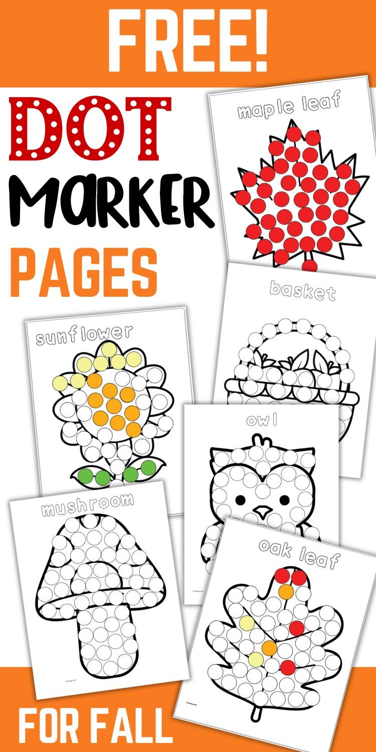 A collection of free dot marker printable pages featuring fall-themed designs such as a maple leaf, sunflower, mushroom, basket, owl, and oak leaf, suitable for preschool activities.
