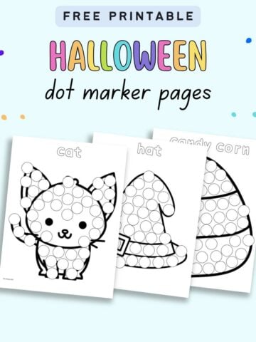 text "free printable Halloween dot marker pages" with three Halloween dot painting sheets with Halloween vocabulary