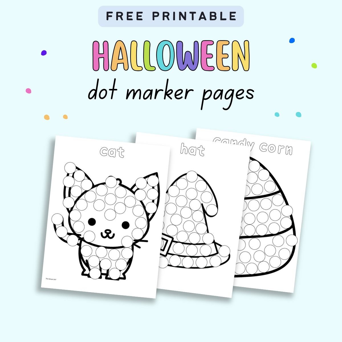 text "free printable Halloween dot marker pages" with three Halloween dot painting sheets with Halloween vocabulary