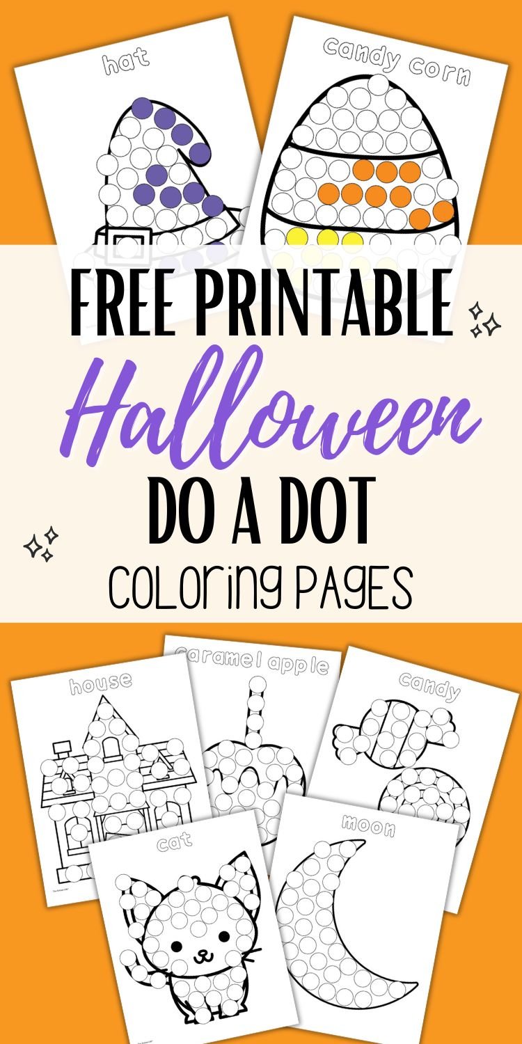 text 'free printable Halloween do a dot coloring pages" with a preview of dot marker activity sheets for Halloween 