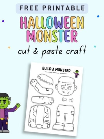 A printable template titled "Build a Monster" featuring cut-out components to create a Frankenstein-themed craft, designed for Halloween classroom activities and suitable for kids.