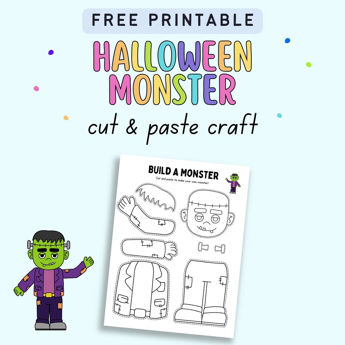 A printable template titled "Build a Monster" featuring cut-out components to create a Frankenstein-themed craft, designed for Halloween classroom activities and suitable for kids.