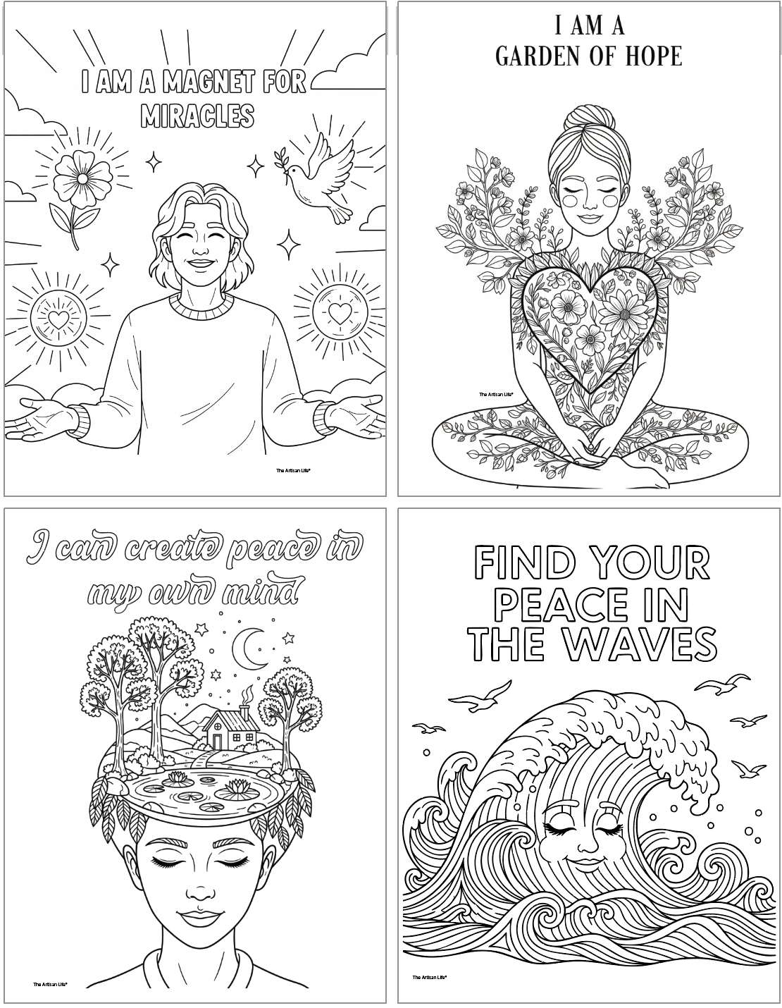Four black-and-white motivational coloring pages feature affirmations such as "I am a magnet for miracles," "I am a garden of hope," "I can create peace in my own mind," and "Find your peace in the waves," designed for adults seeking easy, calming activities with positive messages.
