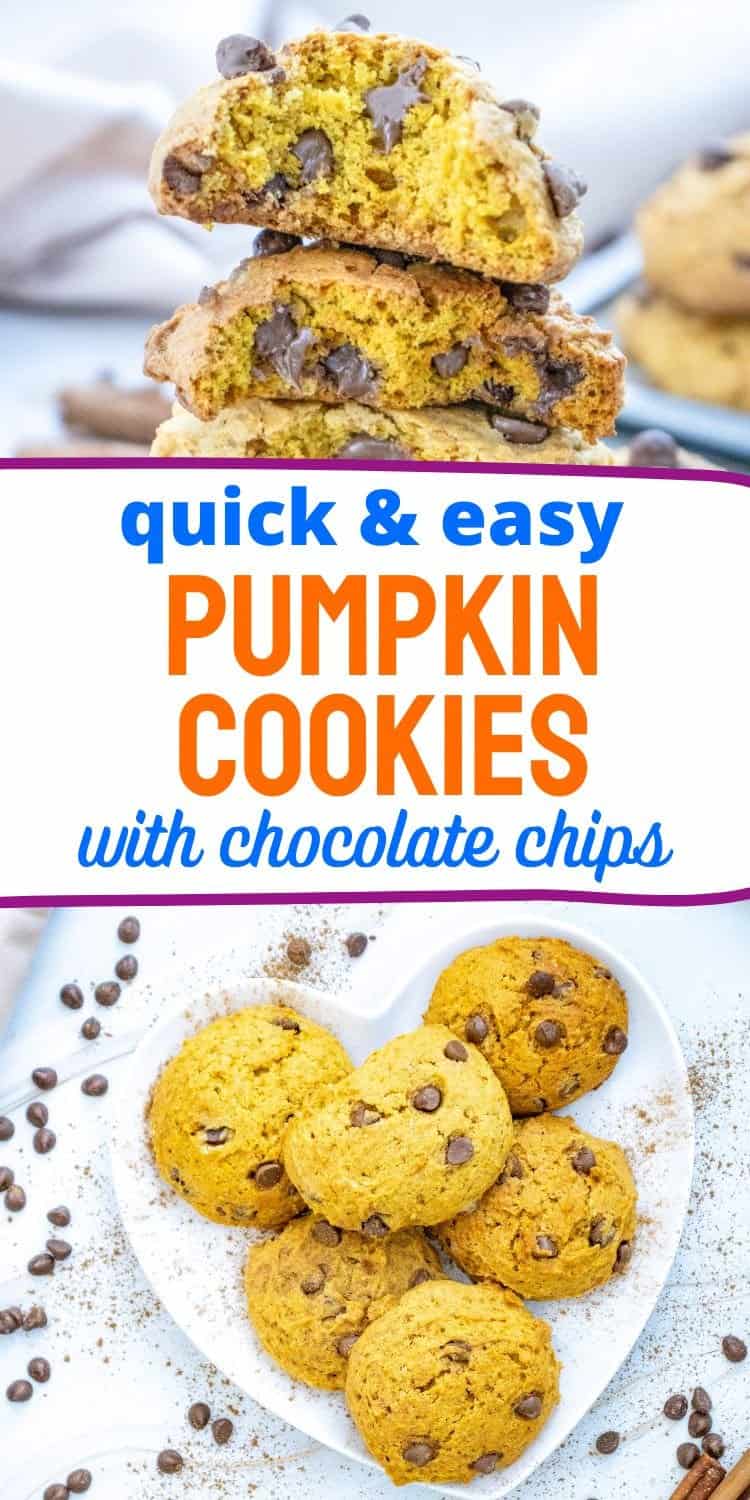 A plate of soft pumpkin cookies with chocolate chips is displayed alongside a stacked cookie, emphasizing an easy pumpkin dessert recipe.

