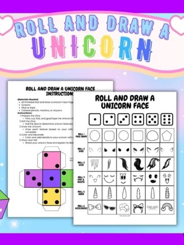 text "roll and draw a unicorn" with a preview of two pages of roll and draw a unicorn game