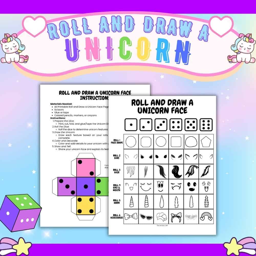 text "roll and draw a unicorn" with a preview of two pages of roll and draw a unicorn game