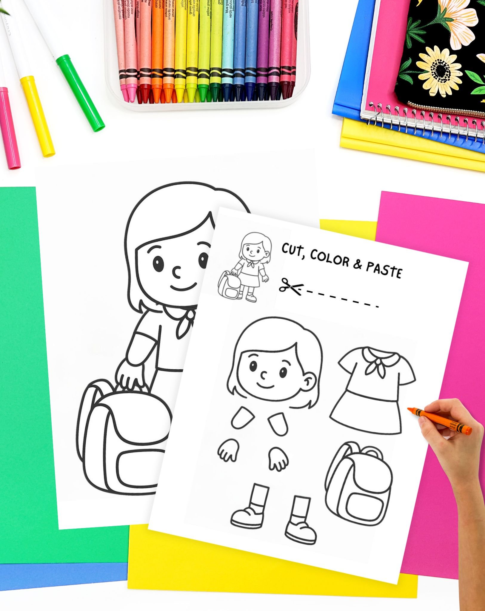a school girl cut and paste cart and school girl coloring page