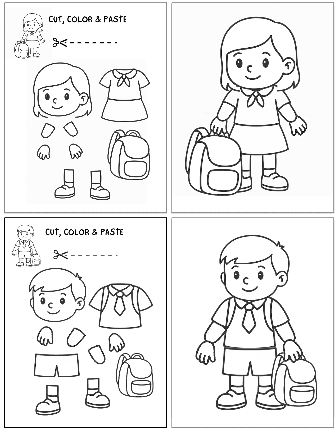 Four school child coloring pages and cut and paste crafts