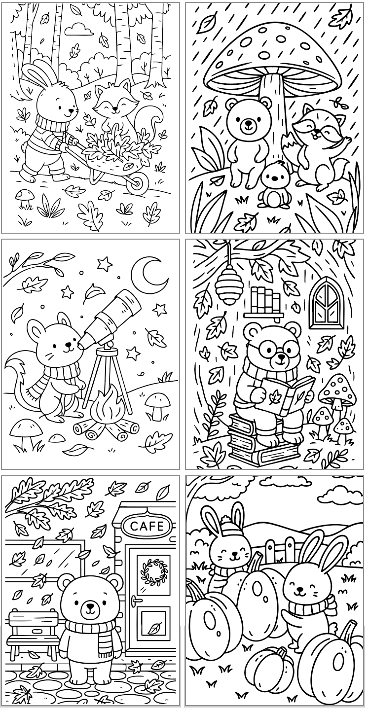 A collection of six black and white illustrations featuring various autumn-themed scenes with animals, including camping, cozy indoor gatherings, cooking, reading, apple picking, and enjoying baked goods, suitable for free printable fall coloring pages.
