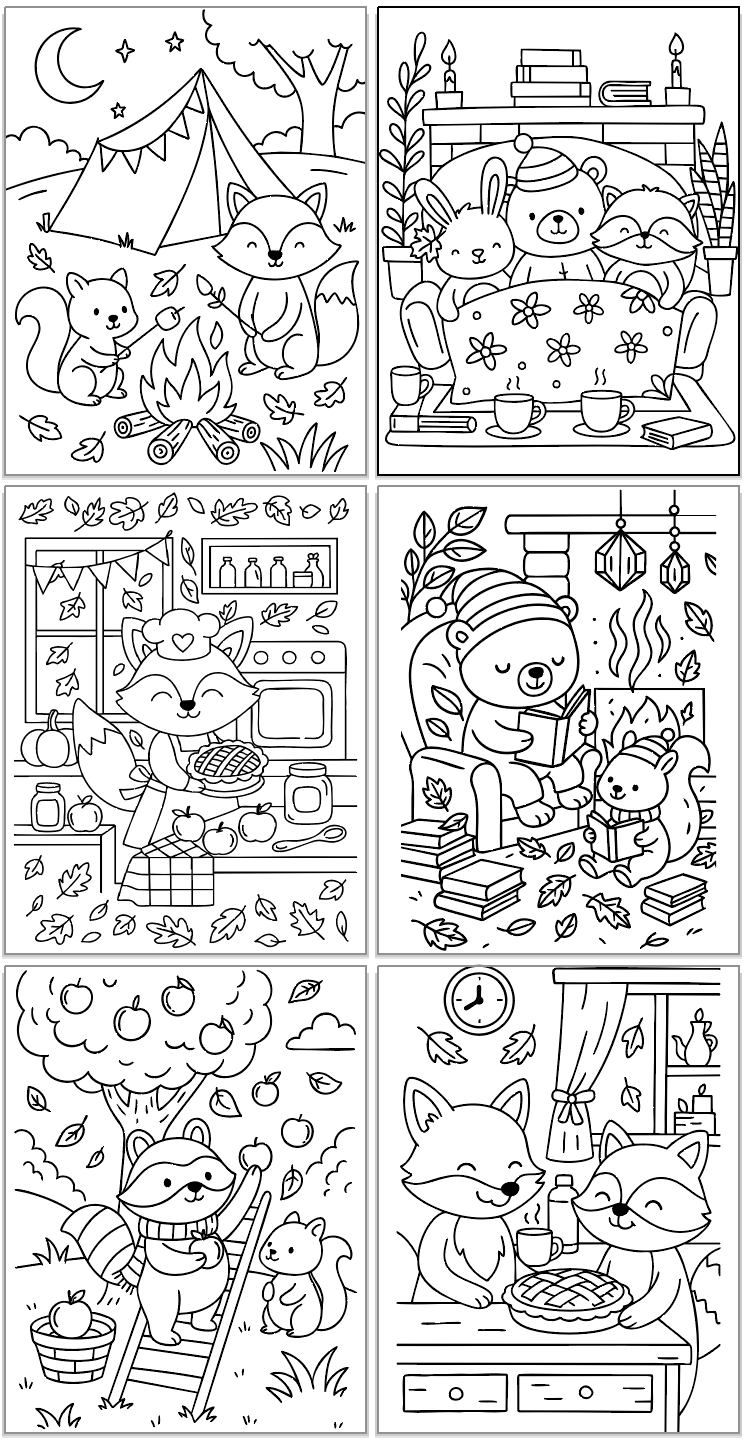 A collection of six free printable fall coloring pages featuring adorable animals like rabbits and bears engaged in various cozy autumn scenes, such as playing in leaves, camping, and visiting a café.
