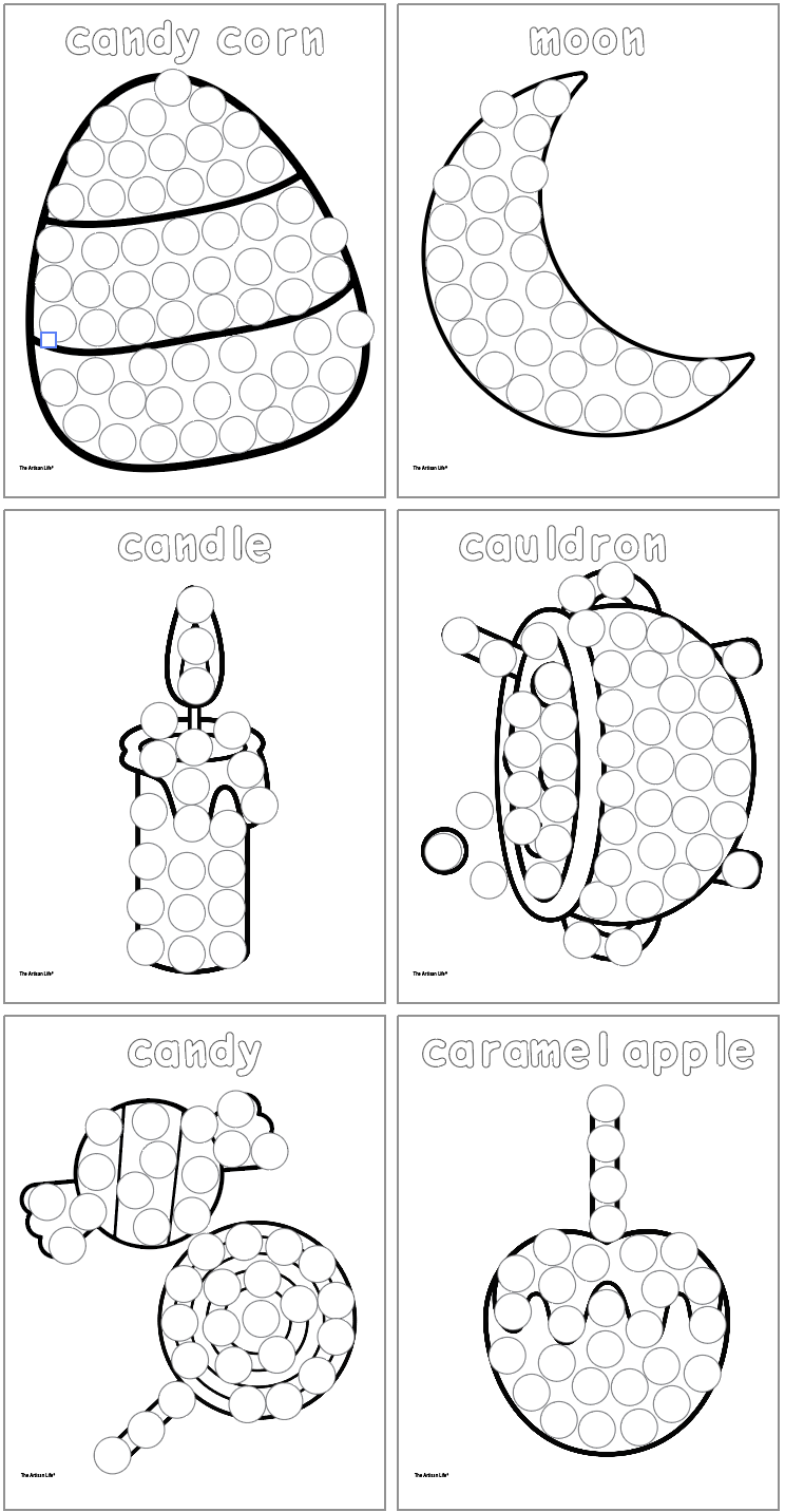 A collection of Halloween-themed dot marker pages featuring outlines of candy corn, moon, candle, cauldron, candy, and caramel apple, designed for dot painting activities.
